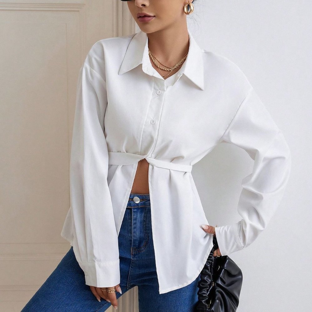 White Casual Womens Solid Button Front Belted Shirt - Picture 3 of 6
